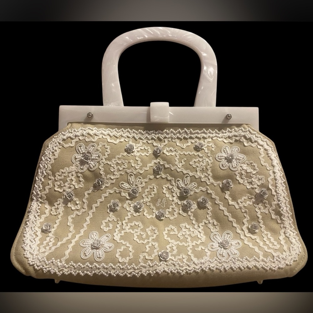 Vintage Lulu Guinness Embroidered Beaded Handbag Beige. Lucite Handle.